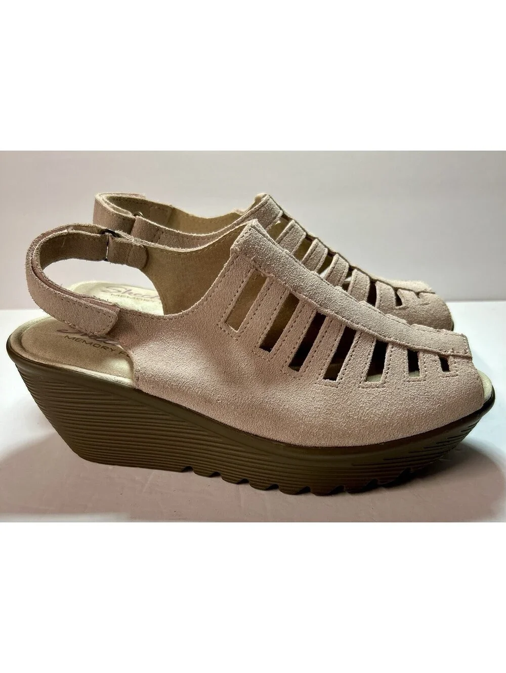 Skechers Suede Peeptoe Slingback Wedge Sandals Stylin Light Pink Blush Sz7 NOTES